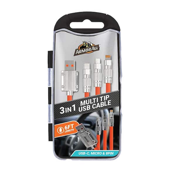 Mobile Device Charging 6FT Rugged 3-in-1 USB Cable-Micro-USB, USB-C, & 8PIN