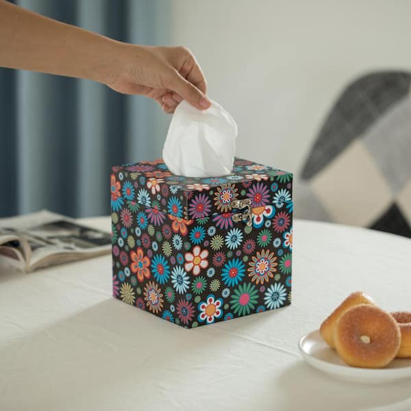 Bivenant Store Flower Printed Tissue Box Cover Square Tissues Cube Box  Holder Decorative for Bathroom Vanity Countertop/Night Stands/Office Desk