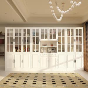 Luxurious Wall Wide White Wooden Accent Storage Cabinet, Bookcase with 30 Shelves & Tempered Glass Doors & 2 Drawers