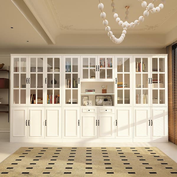 FUFU&GAGA Luxurious Wall Wide White Wooden Accent Storage Cabinet, Bookcase with 30 Shelves & Tempered Glass Doors & 2 Drawers