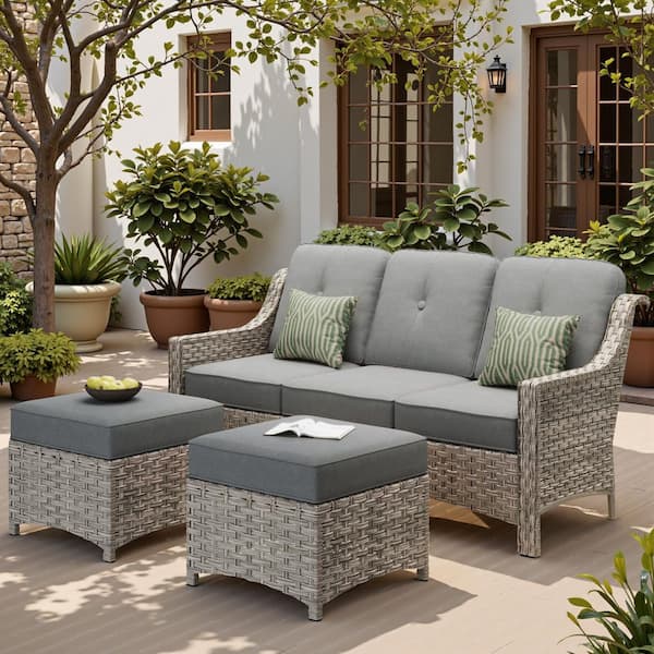 Eureka Grey 3-Piece Modern Wicker Outdoor Patio Conversation Sofa Seating Set with Dark Grey Cushions