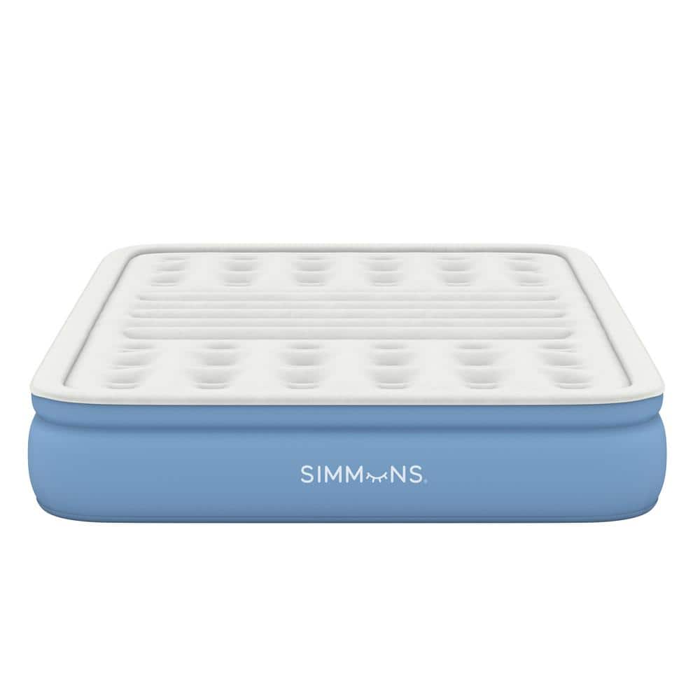 Queen White and Blue Raised Air Mattress with Built-in Pump