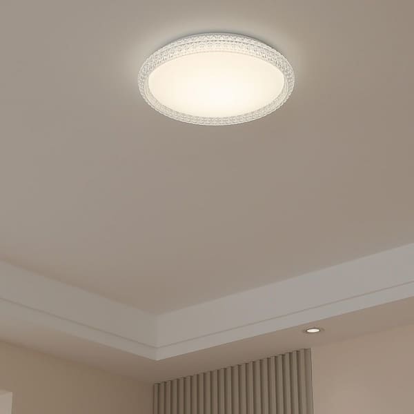 16 in. White Modern Selectable 3CCT Integrated LED Flush Mount Ceiling Light with Crystal Shade for Living Room Bedroom
