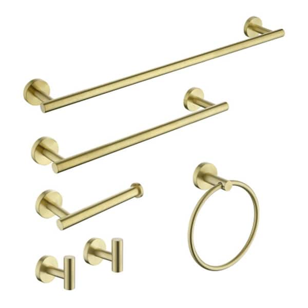 Unbranded 6-Pieces Bath Hardware Set with 2-Towel Bars/Racks Paper towel Rack 1-Towel ring 1-Hook 2 in. Brushed Gold