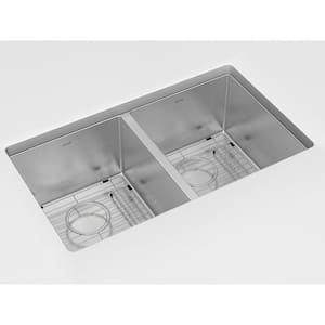 Genoa Brushed 16-Gauge Stainless Steel 32 in. Double Bowl Undermount Kitchen Sink with Bottom Grid