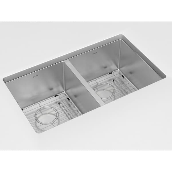 ZUHNË Genoa Brushed 16-Gauge Stainless Steel 32 in. Double Bowl Undermount Kitchen Sink with Bottom Grid