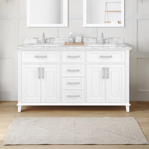Home Decorators Collection Bonica 60 in. W x 22 in. D x 34 in. H Double Sink Bath Vanity in White with Carrara Marble Top