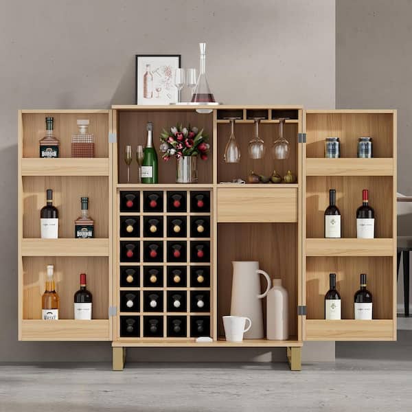 Tileon 42.5 in. H Modern Home Bar Cabinet Carved Wine Cabinet with Storage-Natural