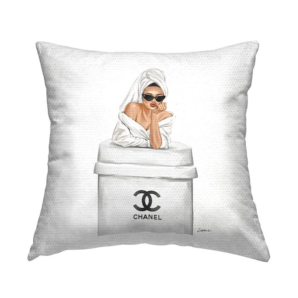 Stupell Industries Glam Girl Leaning Coffee Cup Tan Square Outdoor Throw Pillow