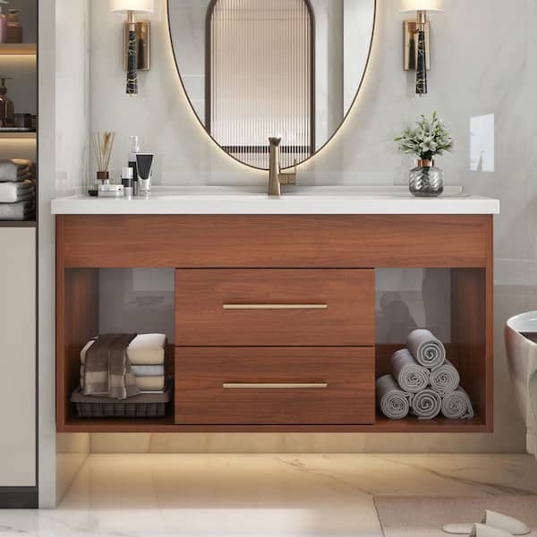 35.4 in. Single Sink Floating Walnut Bath Vanity with White Cultured Marble Top
