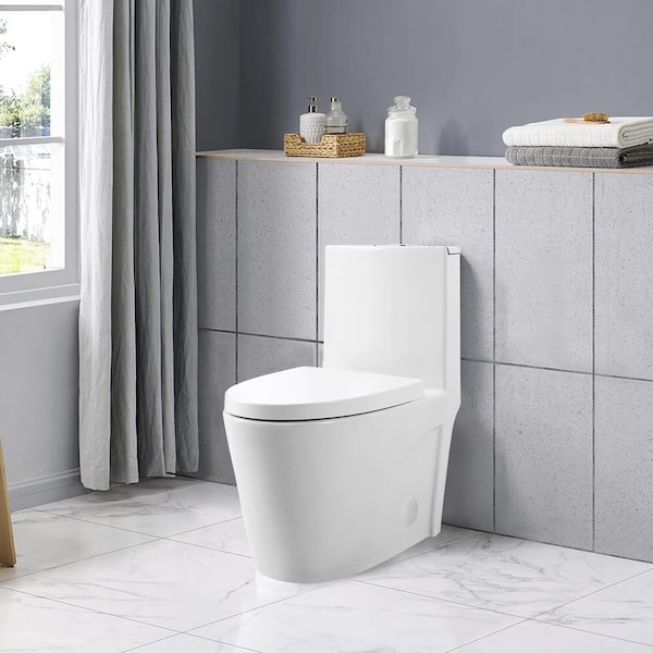 1-piece 0.8/1.28 GPF GPF Dual Flush Elongated Modern Toilet Soft Closing Seat, Quick Release in White Seat Included