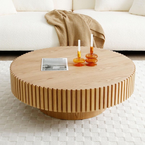 Grace Modern 35.43 in. Natural Ash Round Drum MDF Top Coffee Table