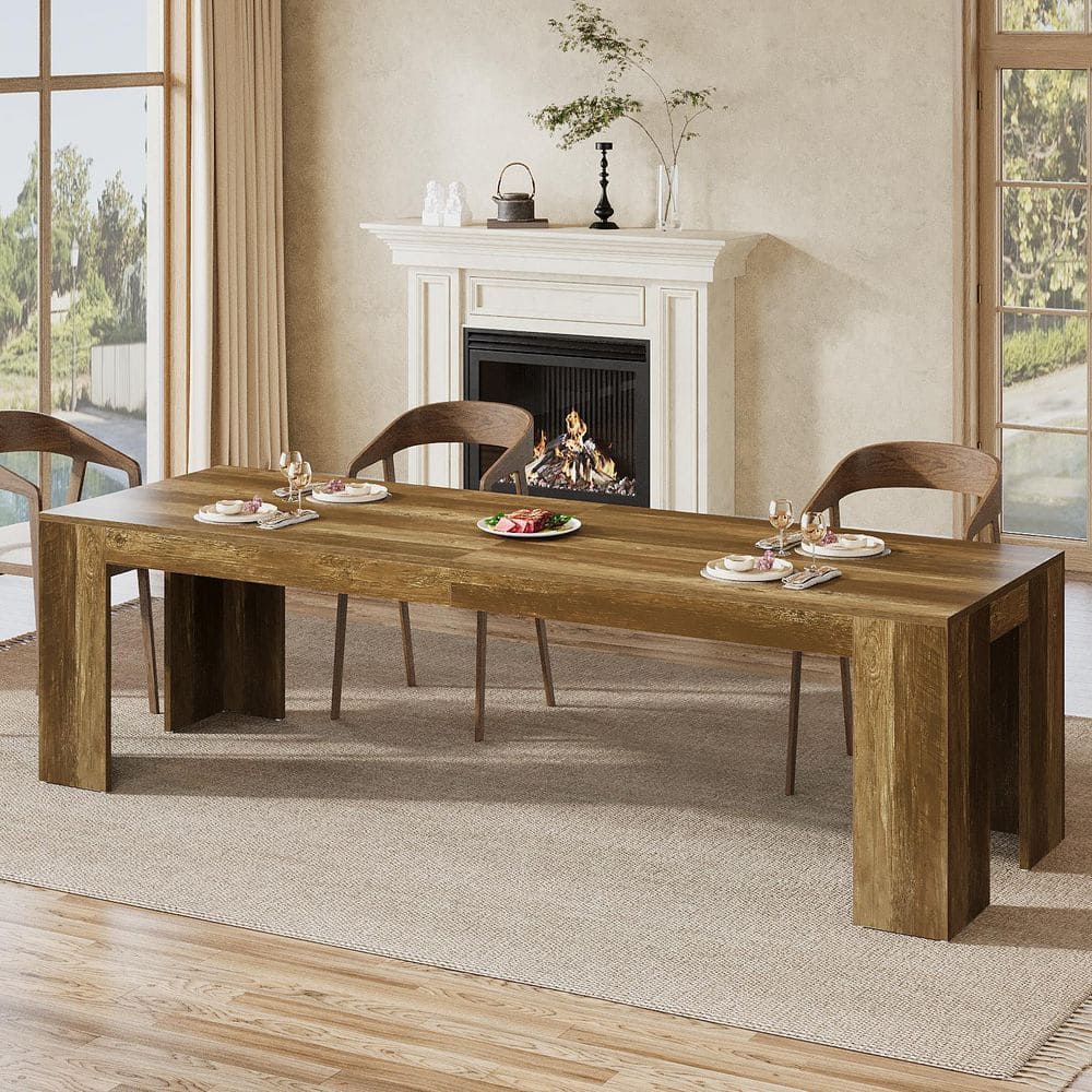 BYBLIGHT Roesler Farmhouse Brown Wood 86.6 in. 4 Legs Base Dining Table ...