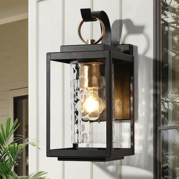 LNC Modern 13.2 in. 1-Light Black and Gold Outdoor Wall Light with Cylinder Clear Glass Shade for Patio, Garage, and Doorway