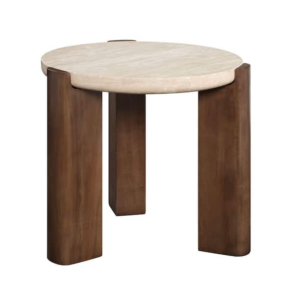 Acme Furniture Leonardo 22 in. Dark Oak Round Stone Travertine End