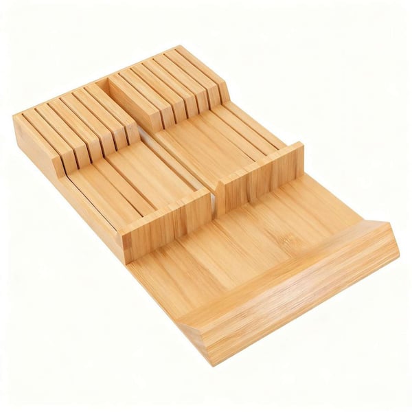 12-Knife Bamboo In-drawer Knife Organizer with Carved Grooves and Angled Handle Support