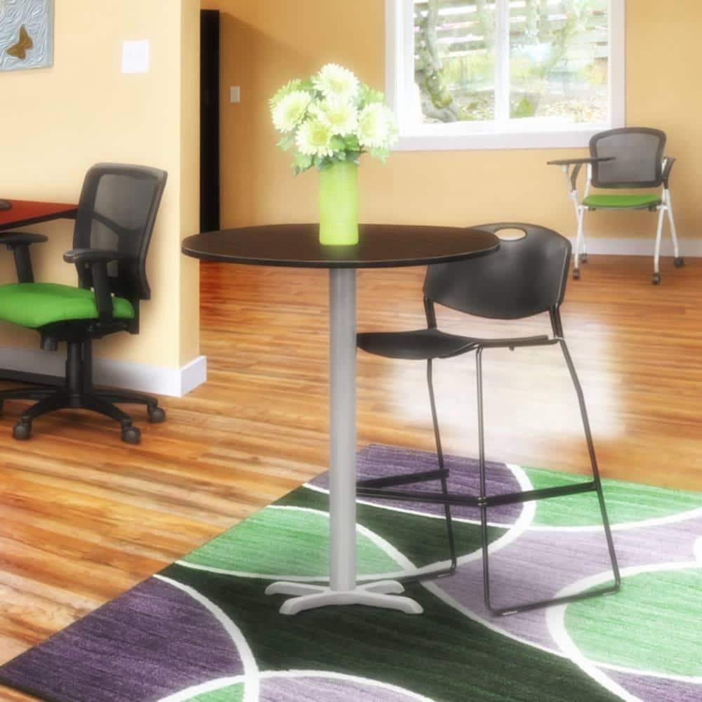 Cain Small 30 in. Round Neo Walnut X-Base Cafe Table Desk with Grey Base