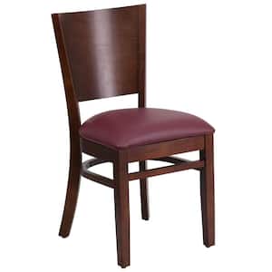 Lacey Series Walnut Solid Back Wooden Restaurant Chair with Burgundy Vinyl Seat