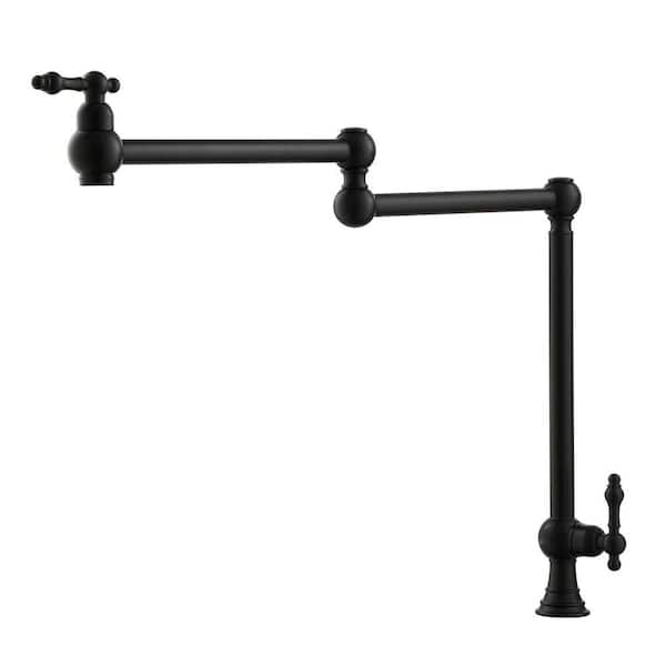 Residential Deck Mount Folding Pot Filler Kitchen Faucet with Dual Handles and 360-Degree Rotating Spout in Matte Black