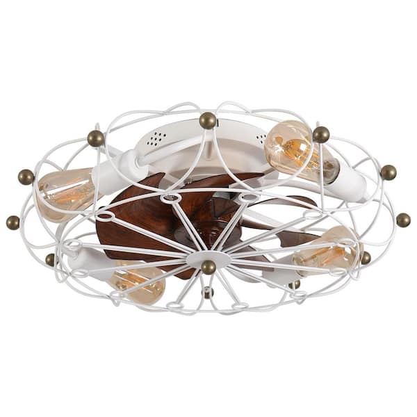 PUDO 19.7 in. Caged Modern Indoor Flush Mount White Ceiling Fan Light with Timer and Reversible Motor
