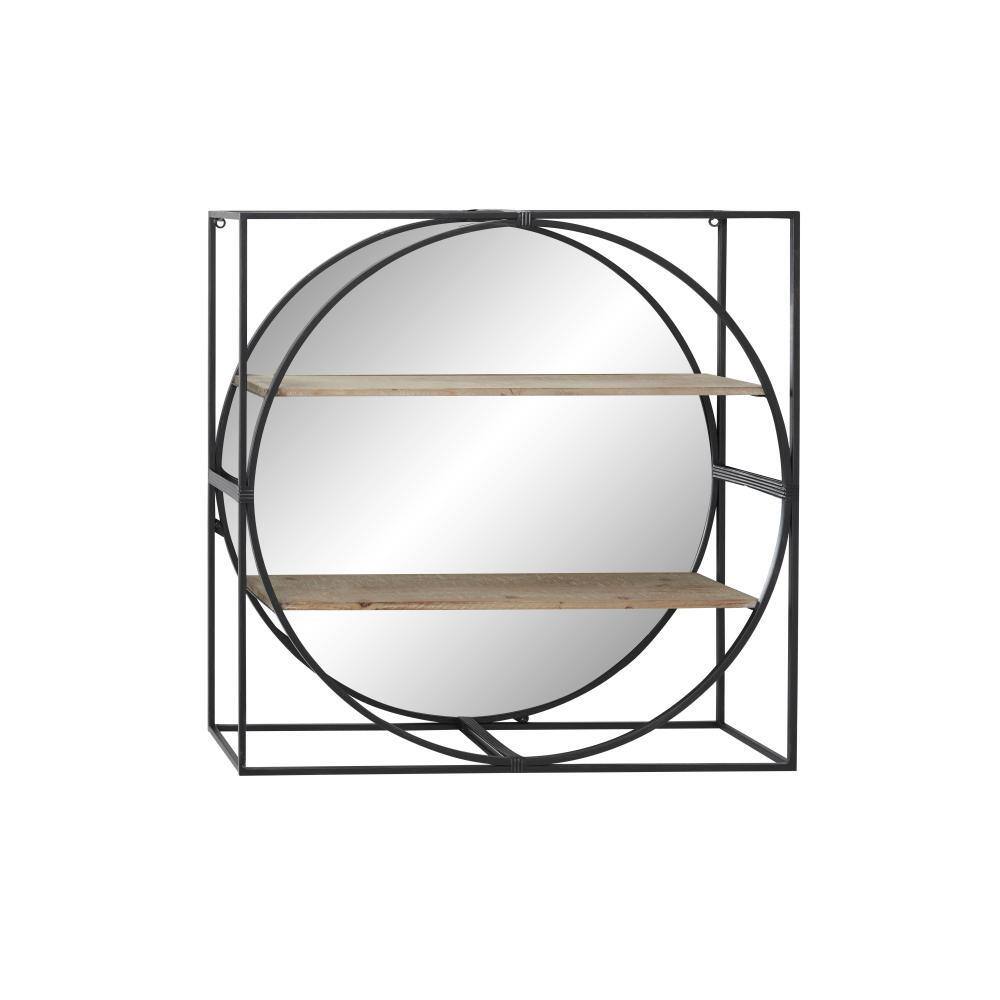 31" Black Industrial Metal & Wood Round Wall Mirror with Shelves