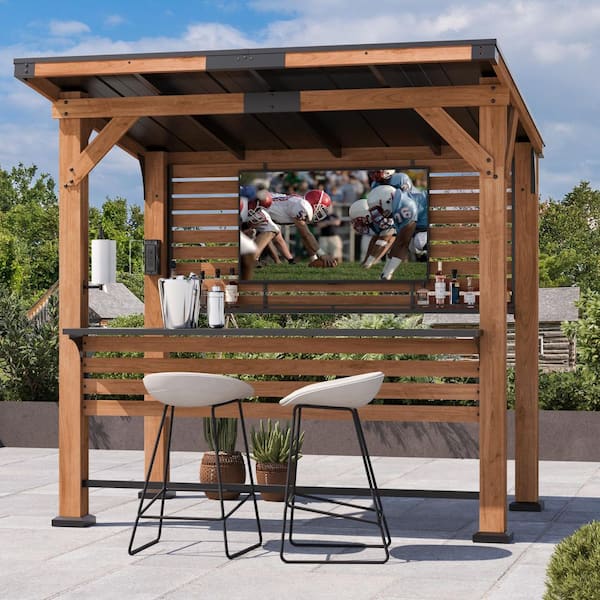 Ultra Series 6.5 ft. x 8 ft. Cedar Wood Entertainment Bar Center, Wooden Gazebo Grill Pavilion with Shelves