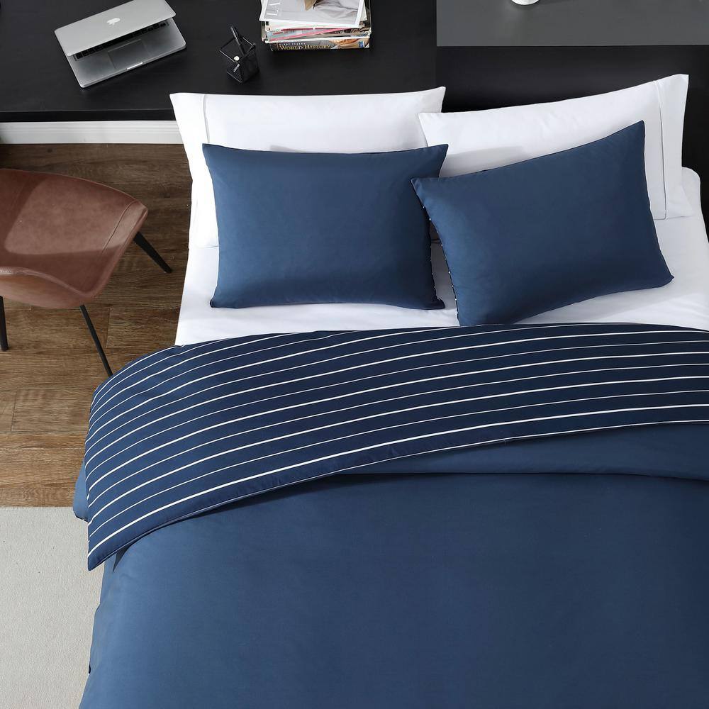 Navy Blue Reversible Twin Duvet Cover Set with Sham