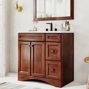 Solid Wood 36 in. W x 22 in. D x 35.4 in. H Single Sink Bath Vanity in Brown with Carrara White Natural Marble Top