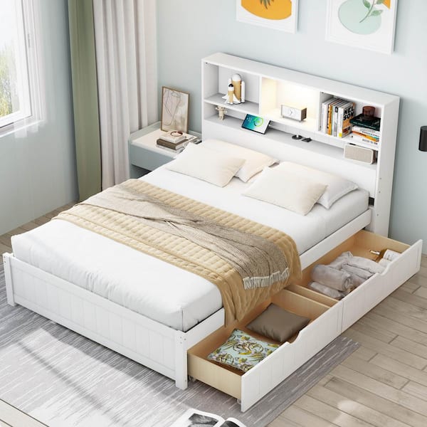 Polibi White Wood Frame Full Platform Bed with Bookcase Headboard