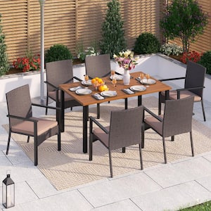 Black 7-Piece Metal Patio Outdoor Dining Set with Wood-Look Rectangle Table and Rattan Chairs with Beige Cushion