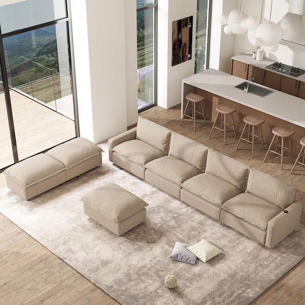 148.82 in. Square Arm 7-Piece Linen Modular Free Combination Sectional Sofa Convertible Sleeper Sofa Bed in Brown