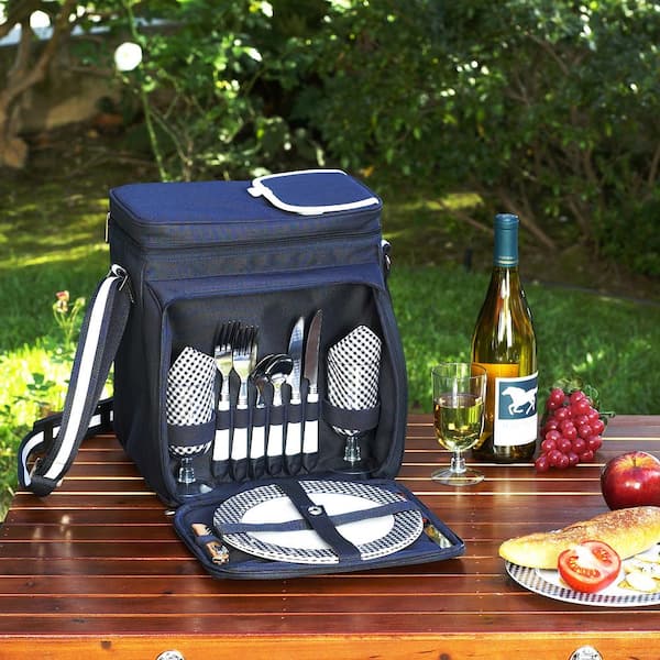 Deluxe Equipped 2-Person Picnic Backpack with Blanket in Black and