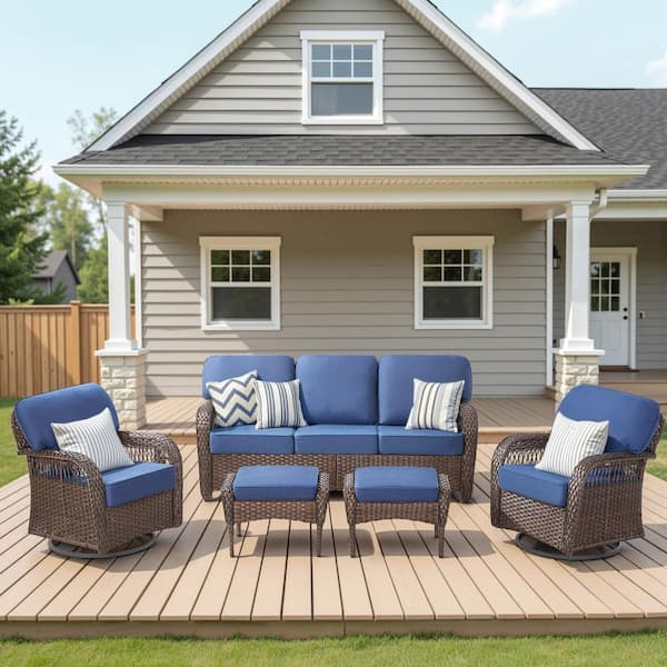 Brown 5-Piece Wicker Patio Conversation Set with Swivel Rocking Chair, Outdoor Couch Seating Set with Blue Cushion