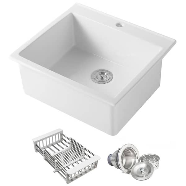 White Fireclay 25 in. Single Bowl Drop-in Mount Workstation Kitchen Sink with Basket Strainer and Sink Grid