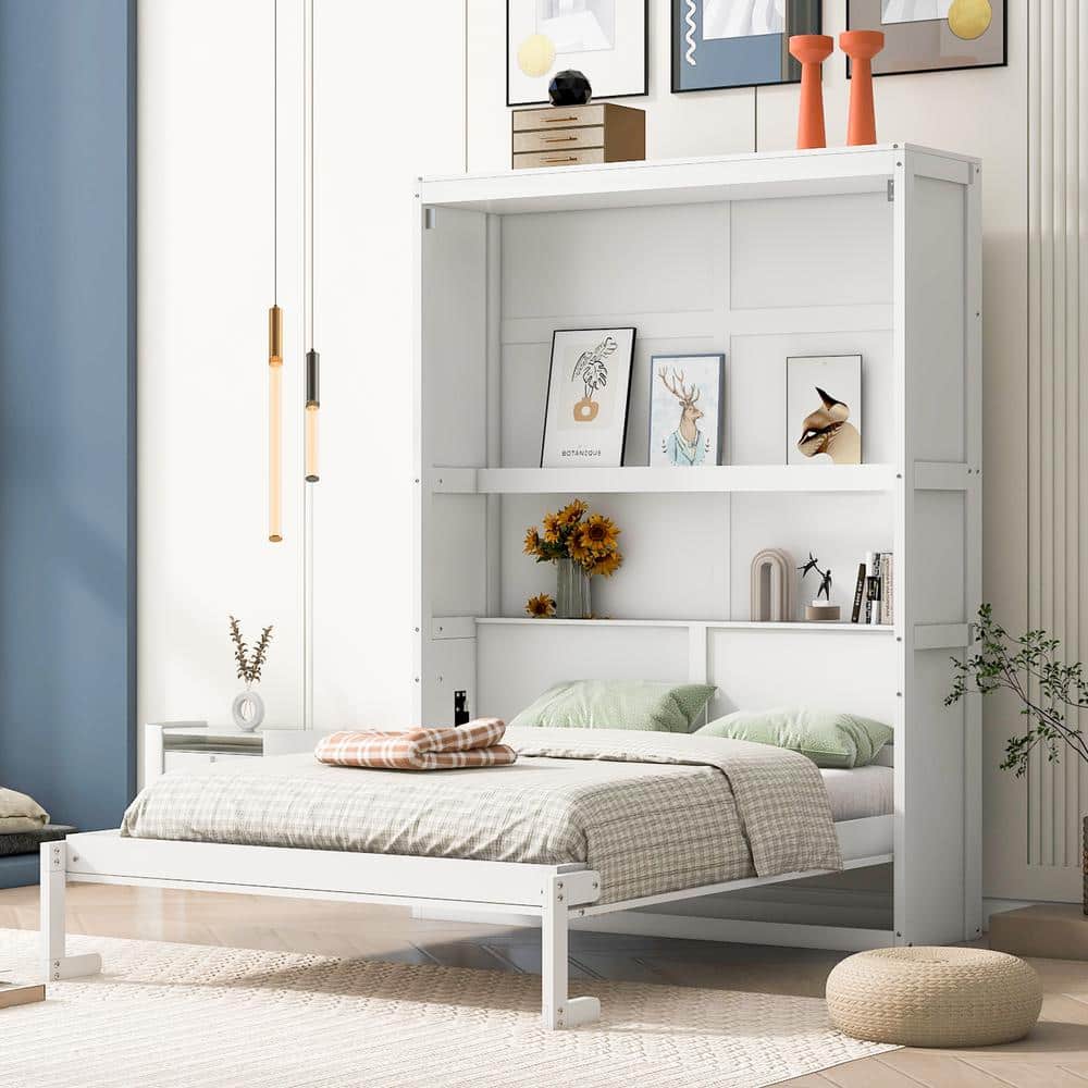 Harper & Bright Designs White Wood Frame Full Size Murphy Bed, Wall Bed ...