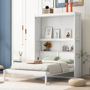 White Wood Frame Full Size Murphy Bed, Wall Bed with Shelves, Folded into a Cabinet