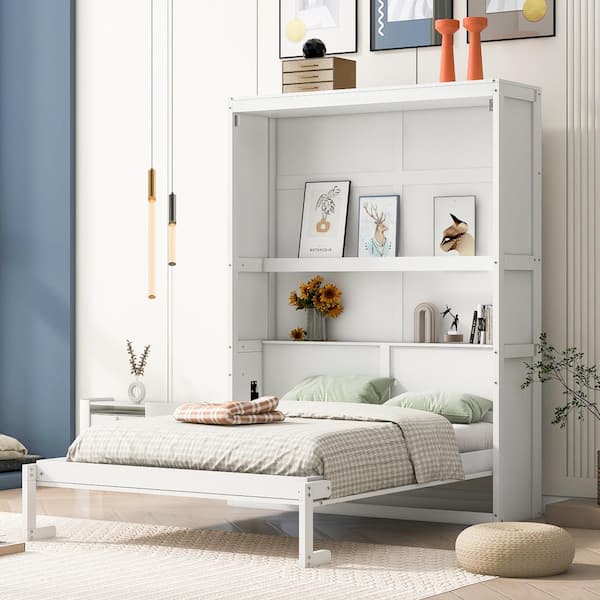 Harper & Bright Designs White Wood Frame Full Size Murphy Bed, Wall Bed with Shelves, Folded into a Cabinet