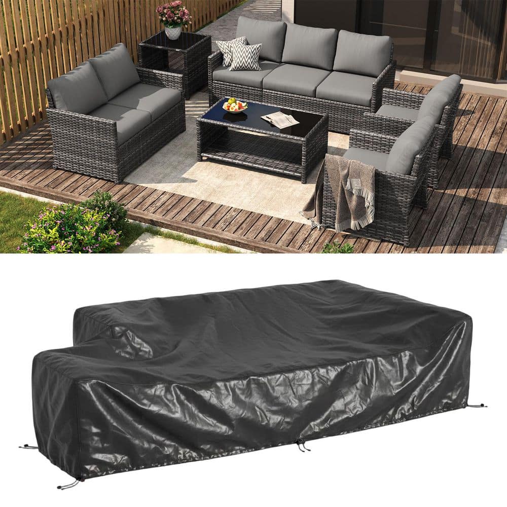 7 -Piece Outdoor Wicker Conversation Set Patio Furniture Set with Cover and 2-Tables, Grey Cushions