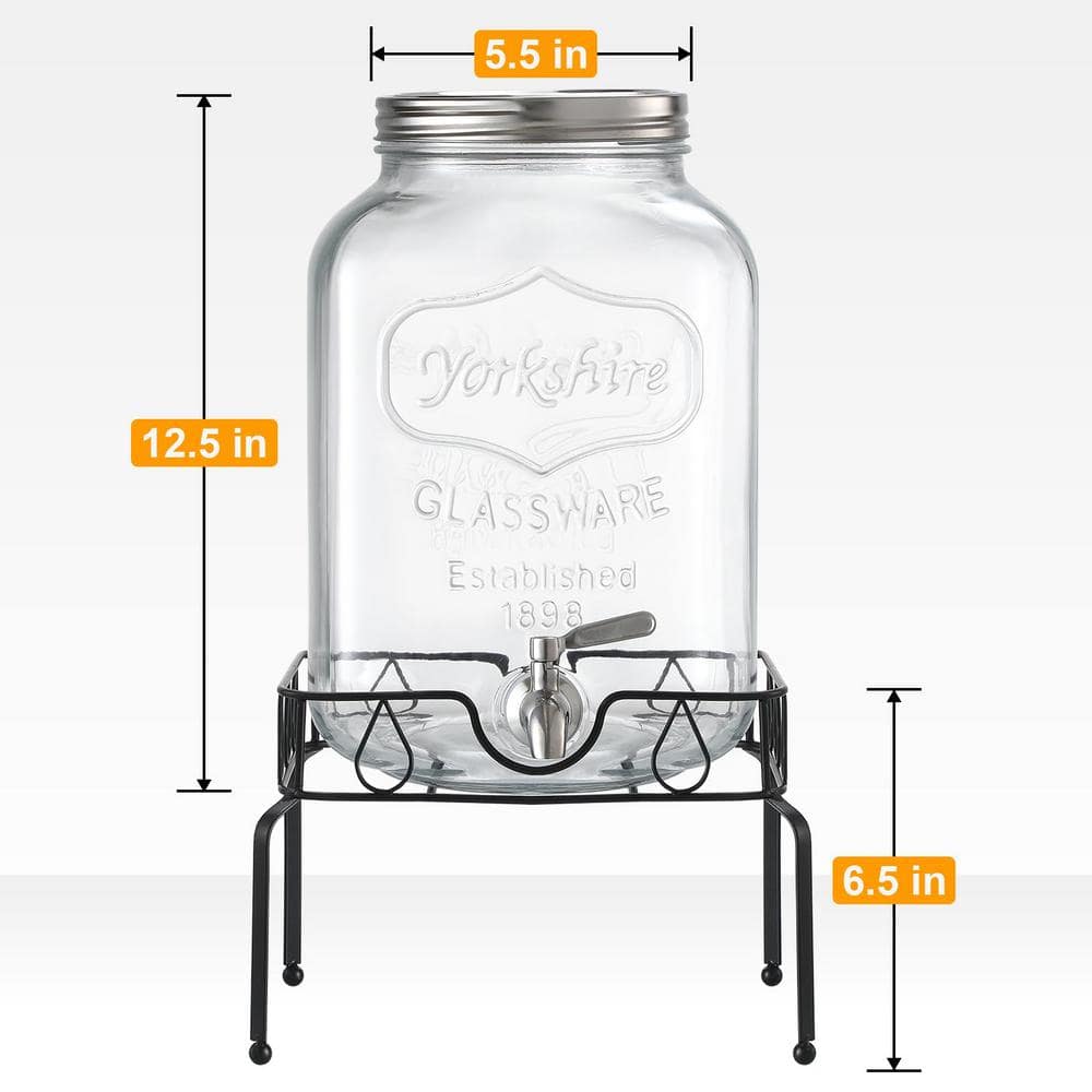2 Gallon Clear Glass Beverage Dispenser with Stainless Steel Spigot and Stand
