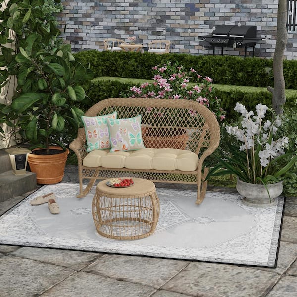 Jordan Manufacturing 16 in. L x 16 in. W x 4 in. T Reversible Outdoor Throw Pillow in Beige Butterflies