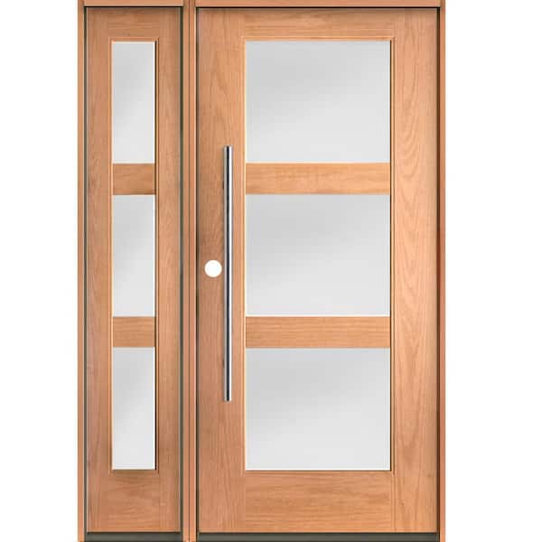 Krosswood Doors Modern Faux Pivot 50 in. x 80 in. 3-Lite Right-Hand/Inswing Satin Glass Teak Stain Fiberglass Prehung Front Door W/LSL