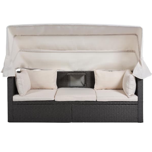 Sudzendf Gray Wicker Outdoor Day Bed and Retractable Canopy with Beige Cushions
