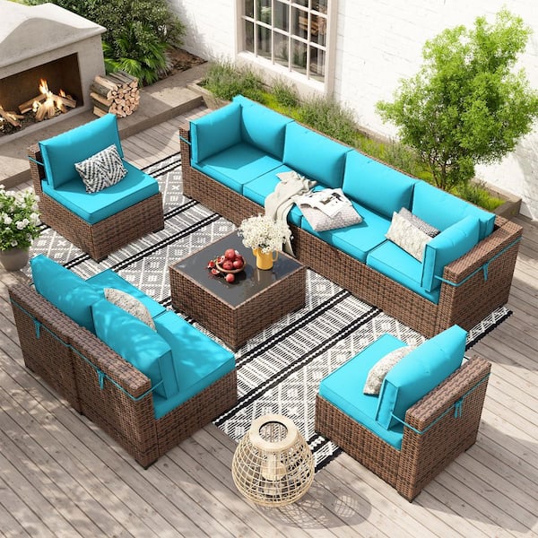 9-Piece Wicker Patio Sectional Conversation Sets With Coffee Table and Sky Blue Cushions