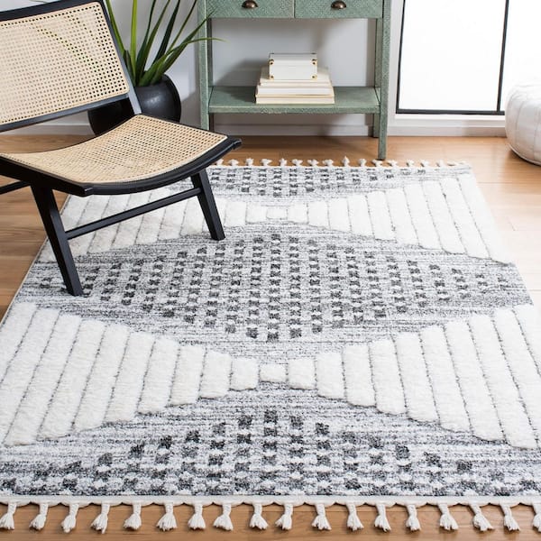 Moroccan Tassel Shag 9 ft. x 12 ft. Gray/Ivory High-Low Medallion Area Rug