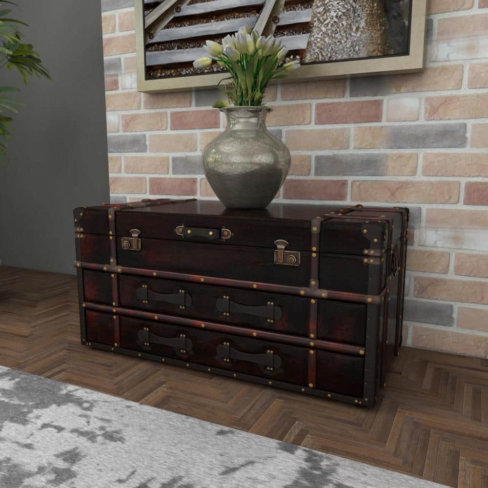 Vintage Brown Wood Trunk Coffee Table with Storage