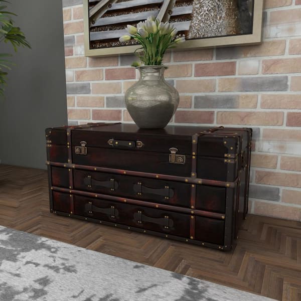 Litton Lane 40 in. Brown Large Rectangle Faux Leather Vintage Faux Leather 2 Drawer Coffee Table with Buckle Hinged Top