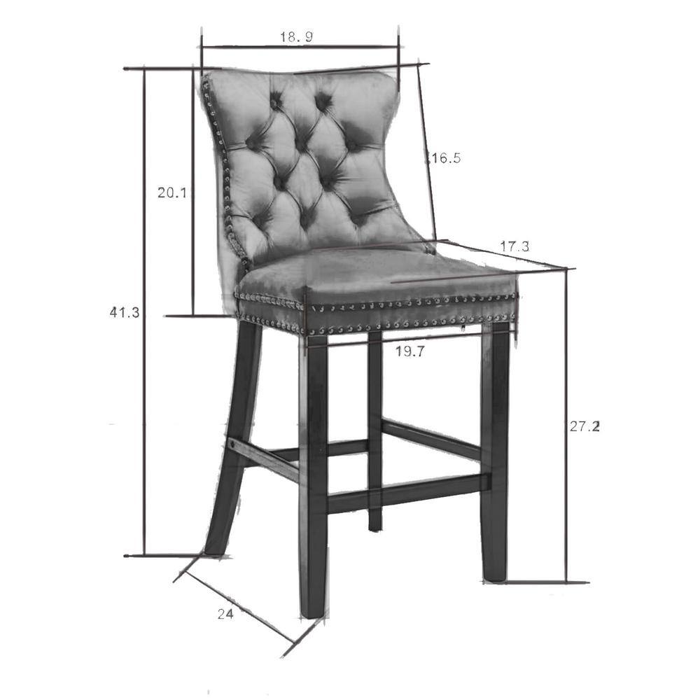 Beige Velvet Upholstered Bar Stools with Natural Wood Legs, Set of 2