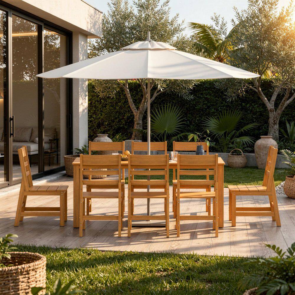 Teak Color 6-Piece HDPE Patio Outdoor Dining Set with Rectangular Table, 4 Armless Chairs and Beige Umbrella