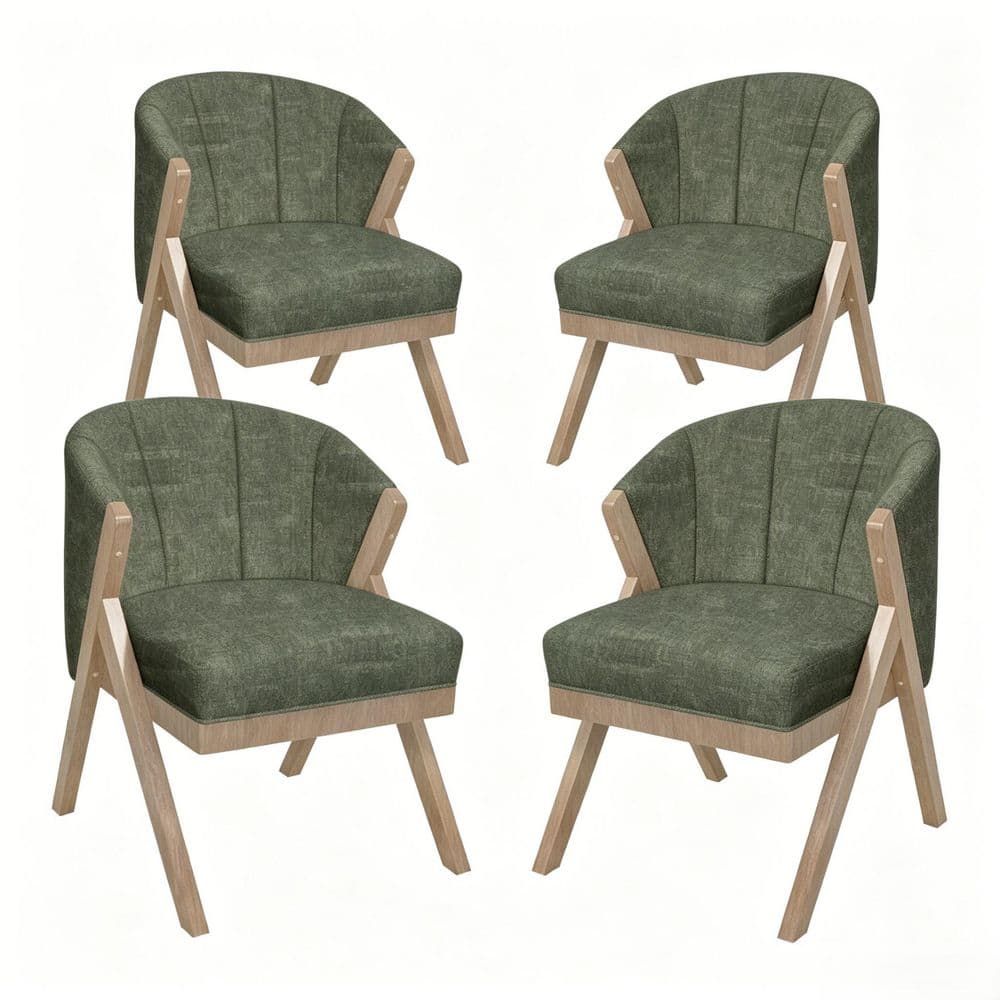 Green Chenille Upholstered Arm Chair with Solid Wood Frame and Sturdy Base for Living Room (Set of 4)