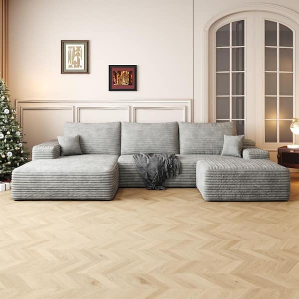 Modern 107 in. Square Arm 3-Piece Corduroy U-Shaped Deep Seat Upholstered Sectional Sofa with Ottoman in Gray